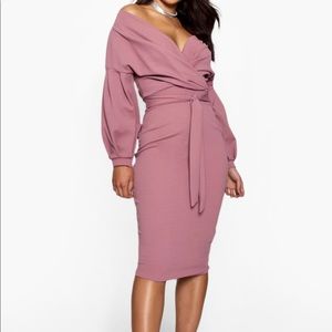 Pink(mauve) tie front off shoulder midi dress.